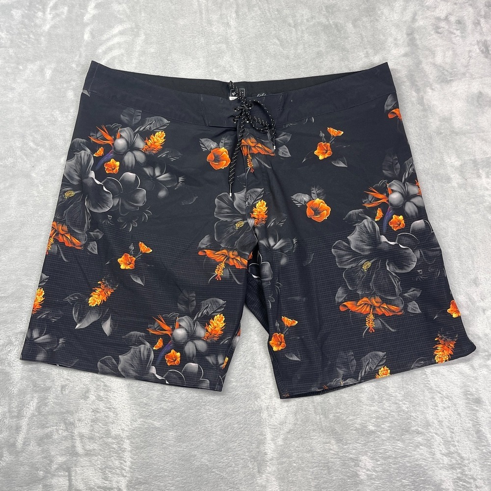 Billabong Gallery Shorts Mens 40 Black Orange Floral Swim Trunks Drawstring